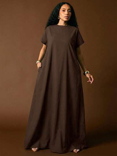 Vixey Cuffed Drop Shoulder Sleeve Deep Open V Neck Back Maxi Denim Dress