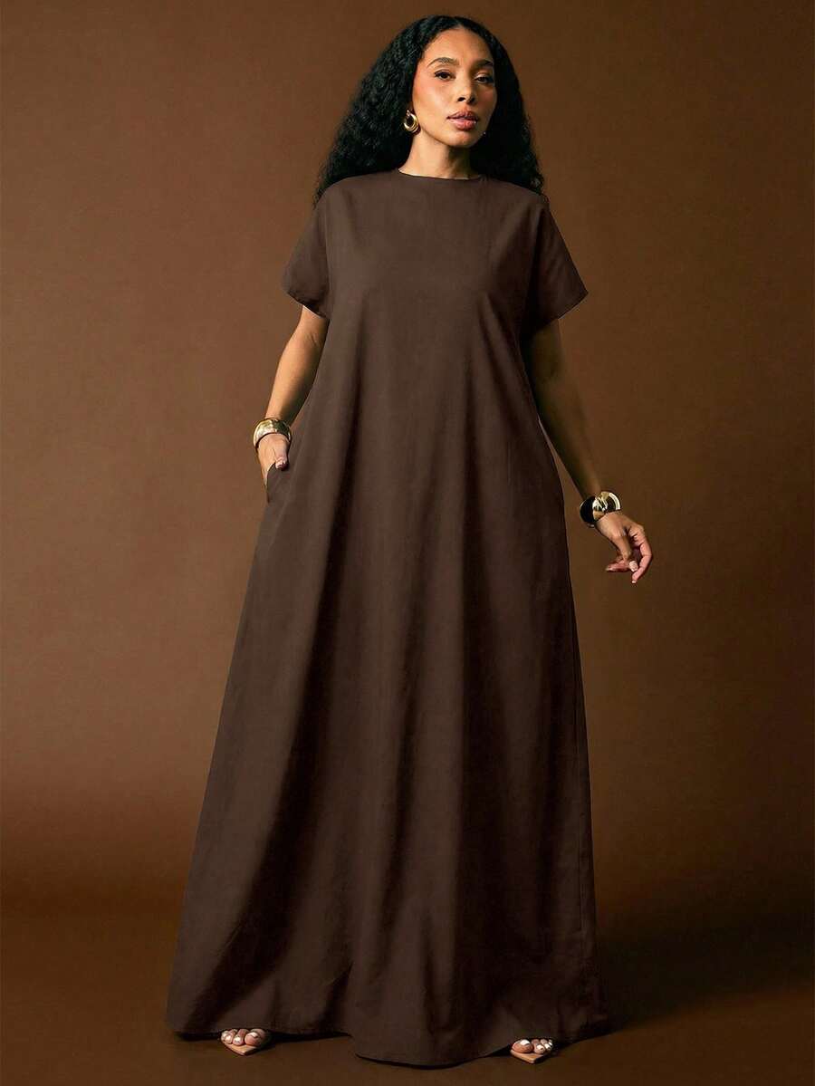 Vixey Cuffed Drop Shoulder Sleeve Deep Open V Neck Back Maxi Denim Dress - Brown - View 1