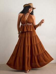 Freevana 大码女式夏季性感沙滩度假亮片拼接露背吊带上衣和层叠裙摆半身裙两件套 - 咖啡棕 - 查看 6