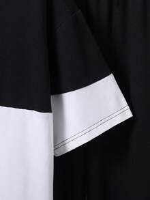 Vacaura 2件套青少年男童休闲撞色拼布字母印花T恤和运动裤套装 - 黑與白 - 查看 4