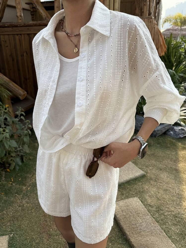 Women's Lace Textured Loose Collar Long Sleeve Shirt And Elastic Waist Bermuda Shorts 2 Pieces Vacation Set
