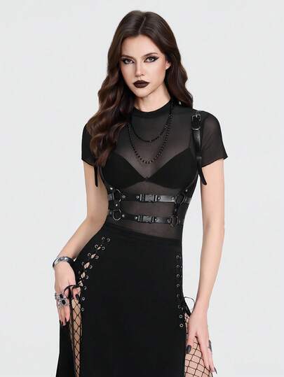 Breakform 女士哥特风性感网纱圆领短袖修身露脐T恤