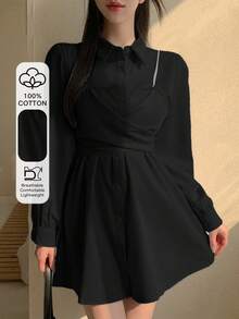 DAZY 2pcs Women's Black Short Suspender Dress - Black - View 1