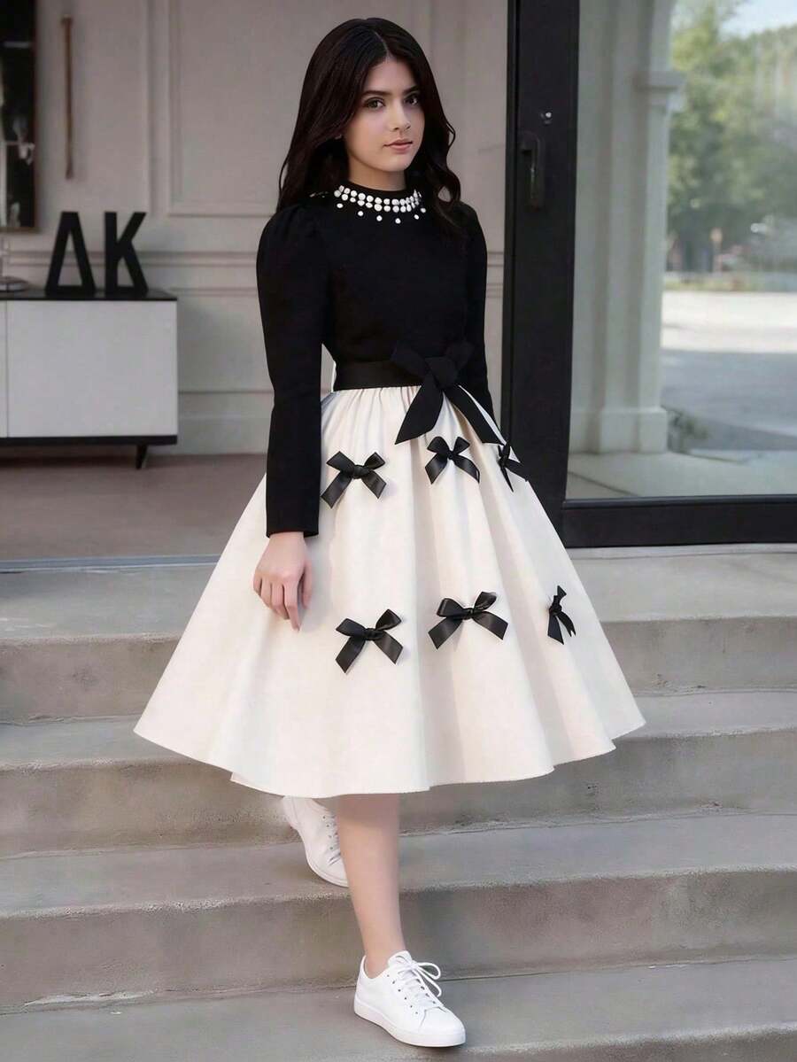 SHEIN Tween Girl Elegant Party Color Block Rhinestone Bow Decor Dress - Black - View 1