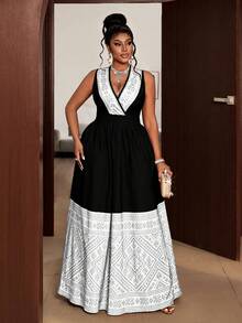 Maweii Plus Size Women V-Neck Ruched Waist Elegant Party Dress - Black and White - View 3
