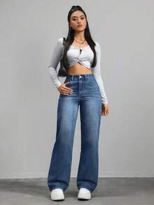 SHEIN ICON Women's Pocket Button Casual Versatile Daily Wear Wide Leg Jeans - Dark Wash - View 5