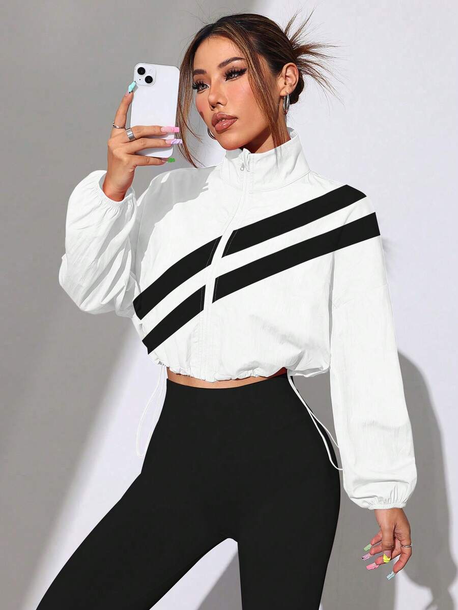 SHEIN Dewbera Color Block Full Zip Drawstring Hem Sports Jacket, Suitable For Spring And Autumn - White - View 1