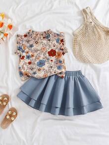 Emery Rose Kids Emery Rose Kids Conjunto de 2 peças para meninas: blusa casual floral miúda e minissaia em tecido plano. Vestidos infantis para meninas, roupas de verão estilo boho para adolescentes, vestidos casuais para meninas, vestido curto para meninas. - Azul - Ver 9