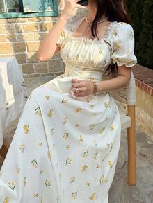 Feyla Women's Elegant Ditsy Floral Cross-Tie Waist Petal Sleeve Dress, Summer - Multicolor - View 7