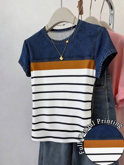 Resyla Camiseta de manga corta de verano con estampado de bloques de color y rayas para uso casual y de oficina