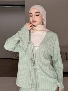 DAZY Women's Casual Textured Tie-Up Flare Sleeve Shirt And Flare Pants 2 Pieces Set, Spring/Summer - Green - View 7