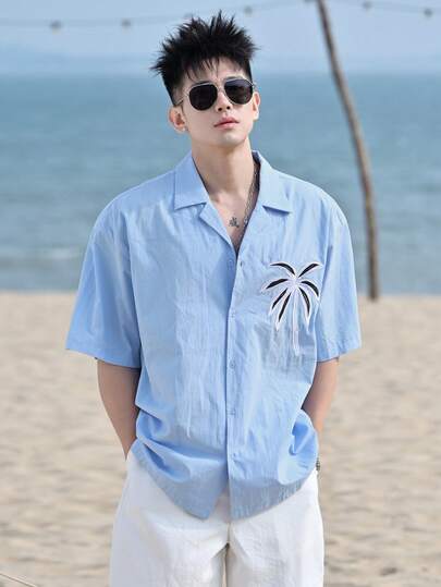 DAZY Bộ đồ nam mùa hè thường ngày, thêu hình cây cọ, tay ngắn và quần short, dáng rộng, thích hợp cho kỳ nghỉ và đi làm.