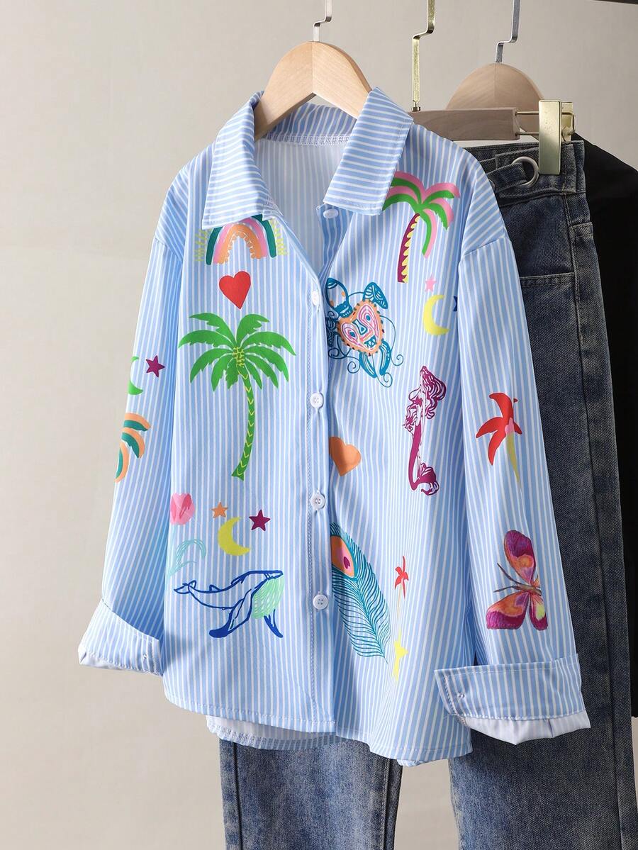 SHEIN Áo sơ mi dài tay cổ đứng in hình nhân vật hoạt hình và chữ cái dành cho bé gái, thích hợp cho đi chơi, đi học và đi làm. - Màu xanh lam - Xem 1