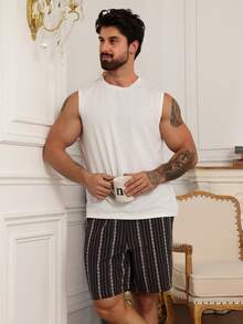DAZY Men's Summer Casual Solid Color Tank Top And Striped Shorts Loungewear Set Pajamas - Multicolor - View 3