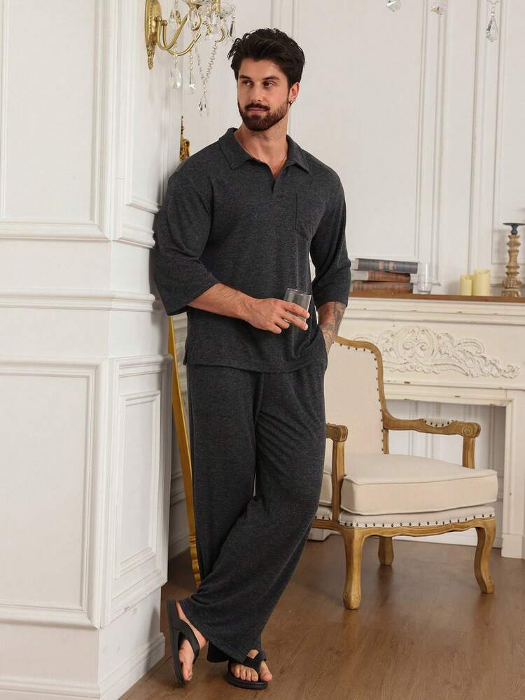 Light Grey Short Sleeve Shirt And Pants Men's Loungewear Set, Spring/Summer