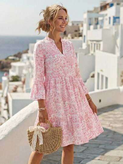 EMERY ROSE Women Floral Print Notched Neck Flare Sleeve Dress, Suitable For Spring/Summer Vacation Going Out Dress Modest Dress  Old Money Dress Homecoming Dress Vacation Dress  Casual Dresses For Woman  Fall Women Clothes Fall Women Clothes Fall Women Clothes Teacher Outfits For Women Teacher Outfits For Women Teacher Outfits Floral Dress Women Summer Dress Women Long Sleeve Summer Dress Boho Summer Dress Women Vacation Dress