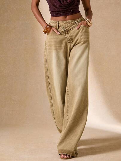 SHEIN BAE Brown Vintage Washed Asymmetrical Waist Wide Leg Jeans, Suitable For Casual Wear, Daily Outings, Retro Denim, Music Festivals, Celebrations, Commuting, Back To School Season, Spring/Summer, Summer For Women, Going Outs, Casual For Women, Brown Washed Distressed Jeans, Wide Leg Jeans Woman, Baggy Jeans