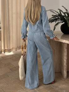 DAZY Women's Casual Washed Oblique Collar Round Neck Belt Shirt And Wide Leg Jeans Suit, Spring/Autumn - Medium Wash - View 2