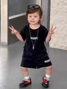 DAZY 男婴圆领水洗街头风休闲两件套T恤夏季套装 - 灰色 - 查看 11