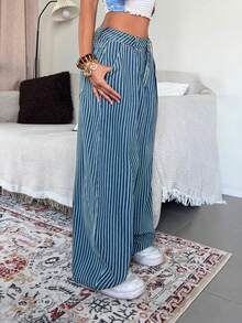 StreetHx Y2K Fashion Casual Street Style Striped Low-Waist Flared Jeans - Medium Wash - View 7
