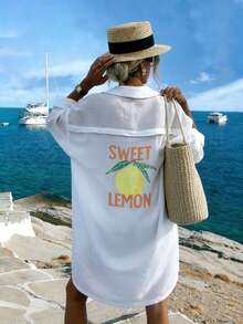 Vaclyn New Arrival Fresh Lemon Print Mid-Length Dress, Suitable For Vacation And Everyday Wear - White - View 6