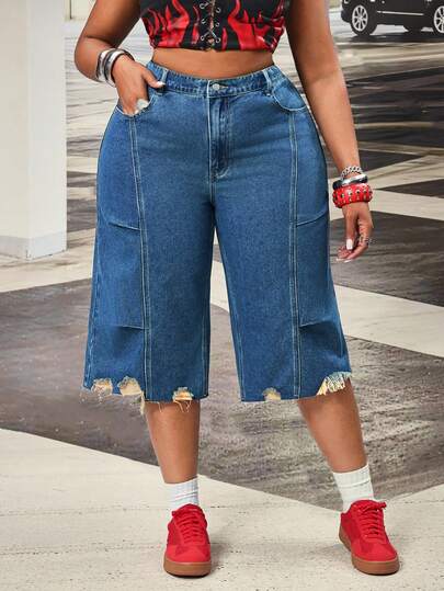 Slaydiva 女士加大码休闲褶皱宽松七分牛仔裤，春季款