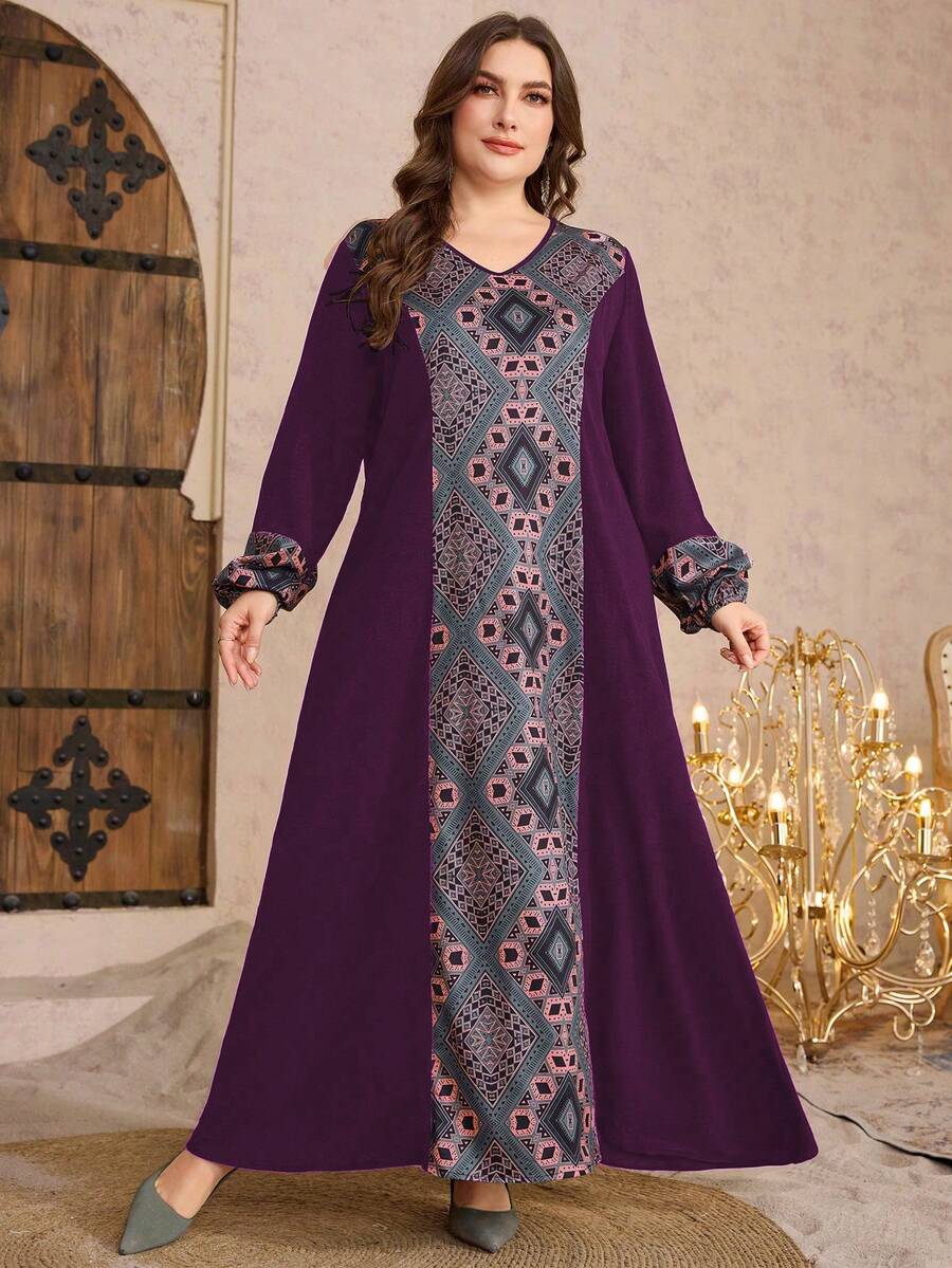 Al Najma Abito vintage elegante con stampa e patchwork, taglie comode - Viola - Visualizzare 1