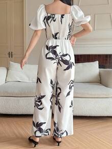 DAZY Women's Elegant Floral Print Jumpsuit With Square Collar, Summer - Apricot - View 2