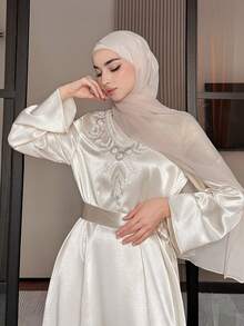 DAZY Women's Elegant Lace Patchwork Belted Loose Dress With Headscarf, 2 Pieces Set, Spring/Summer - Beige - View 3