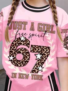 SHEIN 2pcs/Set Young Girl Retro Light Pink Leopard Print Number 67 & Star Pattern Contrast Color Sporty Casual Shorts & Short Sleeve T-Shirt Summer Sport - White - View 4