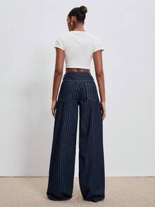 SHEIN x Tata & Beatriz ATUI Studio 女士休闲度假时尚街头日常通勤条纹印花宽松阔腿牛仔裤 - 藍色 - 查看 4