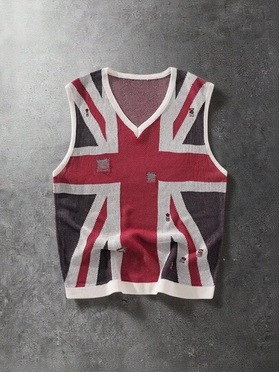 ROMWE MEN Men's Sleeveless Fashionable Knit Casual Versatile Jacquard Distressed Tank Top