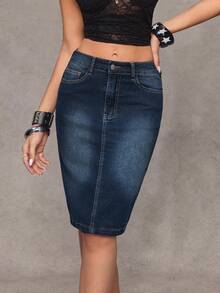EMERY ROSE Women's Fitted Denim Skirt With Belt Loop, Fashionable Summer - Dark Wash - View 1