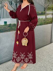 Yasmyna New V-Neck Embroidered Relaxed Comfortable Beach Dress - Burgundy - View 2