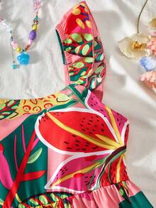 Sparklyn Summer Outfit Tween Girl Floral Print Ruffle Casual Vacation Everyday Squishy Dress - Multicolor - View 4