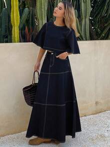 DAZY 女士圆领短袖七分喇叭袖牛仔上衣和宽松长款牛仔裙优雅水洗牛仔套装 - 深色水洗藍 - 查看 2