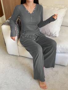 DAZY 2pcs Women Casual Knit Cardigan Top And Loose Pajama Pants Set, Comfortable Spring Loungewear - Dark Grey - View 4