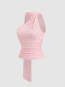 Sweetra Áo kiểu nữ màu hồng lãng mạn bằng vải chiffon, cổ yếm, hở lưng, mềm mại và thoáng mát, thích hợp cho mùa hè đi biển. - Hồng - Xem 3