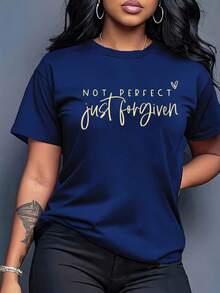 Maweii 大码女式夏季休闲日常通勤标语和爱心印花宽松短袖T恤 - 藏蓝色 - 查看 1