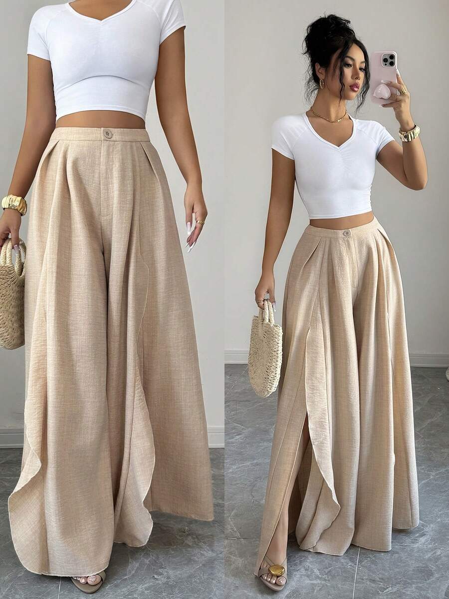 Elenzga 女士优雅休闲宽松长裤，开衩荷叶边裤脚，适合夏季郊游、约会、新年、情人节、复活节、母亲节、音乐节、中东婚礼、通勤、浪漫假期等场合，浅米色 - 杏色 - 查看 1