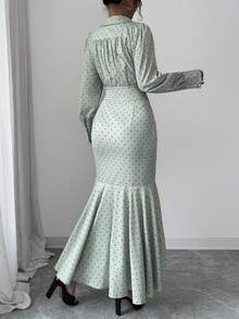 Selianne Damen Polka Punkt Muster Wickel Binde Elegant Langarm Kleid - Grün - Übersicht 2