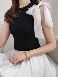 FRIFUL 女士时尚针织罗纹撞色蝴蝶结吊带背心夏季 - 黑色 - 查看 7