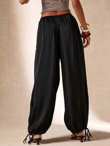 SHEIN BAE 女士纯色弹力腰带口袋休闲百搭通勤阔腿裤，夏季假期，夏季休闲装，黑色裤子，黑色波西米亚风长裤，缎面长裤，休闲长裤，慢跑裤，灯笼裤 - 黑色 - 查看 2