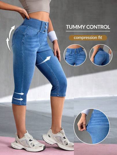 Flexra Jeans capri ajustados con diseño de cintura con botones y bolsillos para mujer