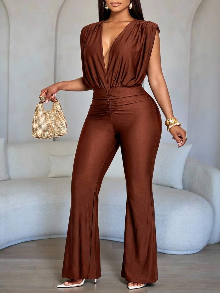 SOLERSUN Women's Plus Size Elegant New Fashion Solid Color Ruched Deep V-Neck Sleeveless Jumpsuit, Suitable For Vacation And Office Commute - Coffee Brown - View 1