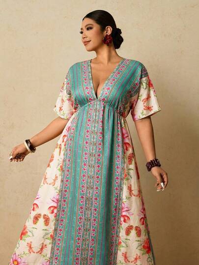 Travachic Plus Size Patchwork Print Casual Vacation Dress,Beach Dress Sundress,Holiday Outfits Boho