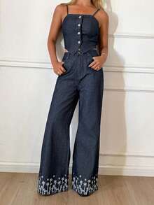 DAZY Bộ đồ thể thao nữ gồm áo hai dây thêu và quần jeans ống loe, phong cách thường ngày đi nghỉ mát. - Rửa tối - Xem 3