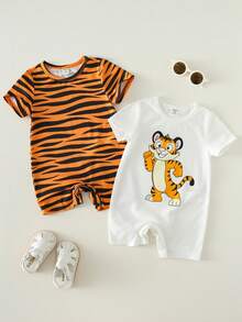 SHEIN 2件套新生儿男/女宝宝可爱卡通条纹针织连体衣，夏季 - 彩色 - 查看 7