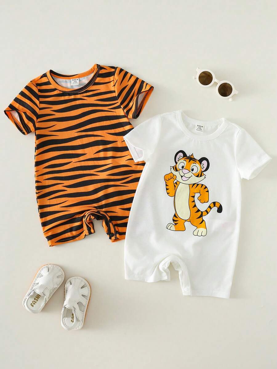 SHEIN 2件套新生儿男/女宝宝可爱卡通条纹针织连体衣，夏季 - 彩色 - 查看 1