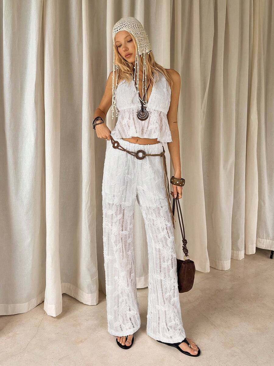 TRNVIE Women's White Summer Boho Vacation Holiday 2-Piece Set,Knit Jacquard Floral Lace-Up Backless Camisole & Wide Leg Drawstring Pants Casual Outfits - White - View 1